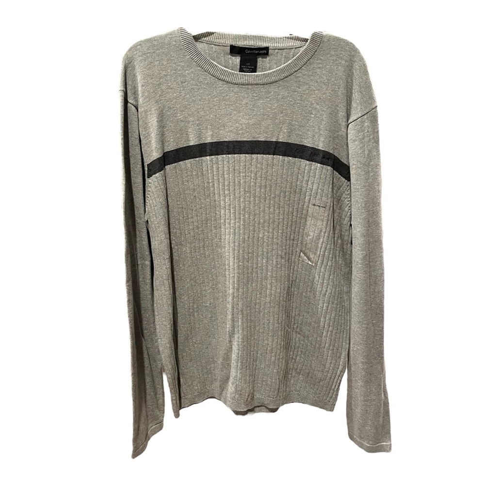 Calvin Klein Grey Long Sleeve Crew Neck Rib Knit Sweater With Dark Grey Stripe